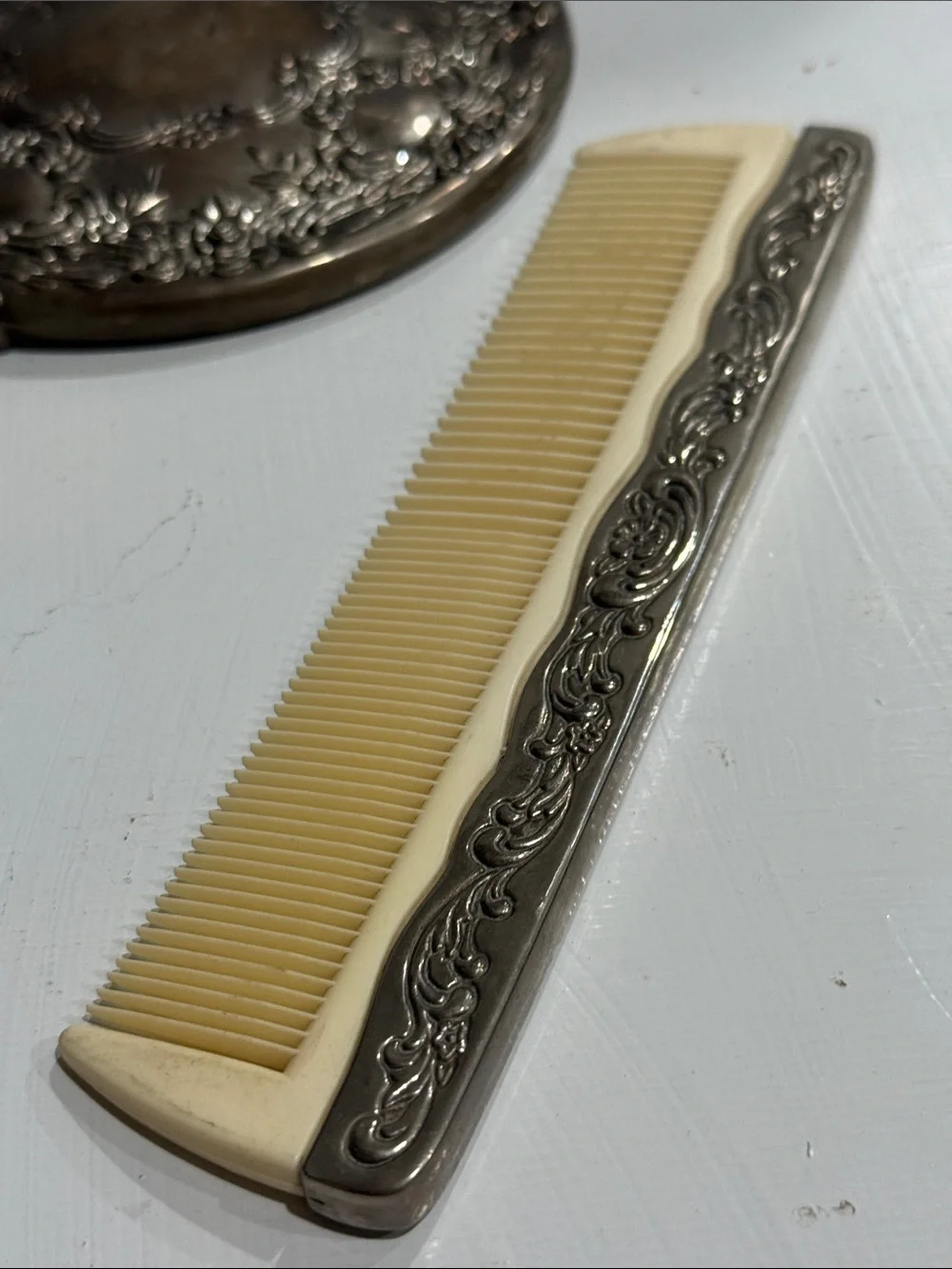 Silver Plated Vanity Dresser Set Hand Mirror, Cream Brush & Comb